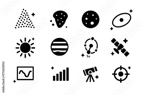 Jupiter's Trojan Asteroids. Jupiter?s Trojan asteroids. Solid icons set of Jupiter?s Trojan asteroids: L4 Trojan swarm, L5 Trojan swarm, asteroid, orbit path,