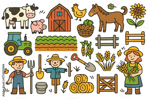 Colorful Farm Doodle. Farm. Colorful Hand-drawn doodle Children illustration Farm cows, pigs, chickens, horses, tractors, barns, fields, crops, farmers,