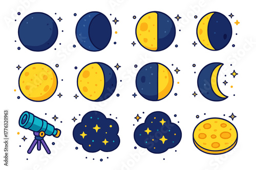 Lunar Phases Icons. Phases observation. Colorful isometric vector icons set of phases observation: new moon, waxing crescent, first quarter, waxing gibbous,