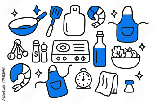 Kitchen Essentials Doodle. // Kitchen setup. Hand-drawn doodle illustration Kitchen setup [wok (accented), spatula (accented), cutting board (accented), stove,