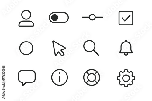 Inclusive UX Icon Set. Inclusive UX. Line icon set of inclusive ux: user profile generic, toggle switch, slider, checkbox, radio button, cursor arrow, search