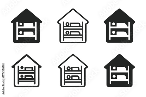 Migrant Shelter Logos. Migrant shelters. Set Logo of Migrant shelters: bunk beds inside a safehouse. Icon set. harmonious logo variations of the same
