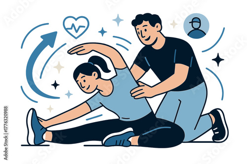 Dynamic Fitness Coaching. Fitness training and personal coaching. Client stretching under guidance of trainer with abstract floating motion lines, icons, and