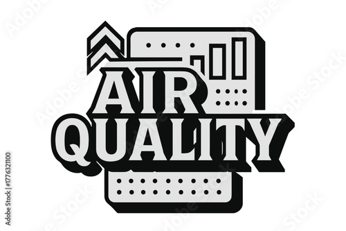 Bold Geometric Typography. Air Quality ? bold block geometric lettering; thick massy letters with geometric serifs, heavy outer outline, strong cast shadow;