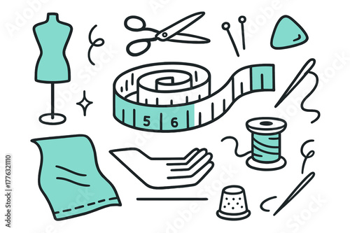 Tailor's Tools Doodle. // Tailor?s measuring tape. Hand-drawn doodle illustration Tailor?s measuring tape [soft tape coil (accented), centimeter