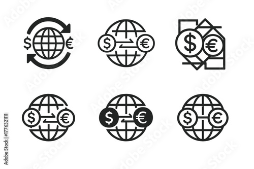 Tariff Negotiations Logos. tariff negotiations. Set Logo of tariff negotiations: globe with two currency signs connected by arrows. Icon set. harmonious logo