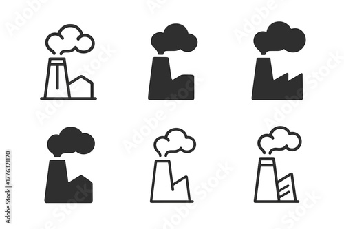 Climate Change Icons. Climate change effects. Set Logo of Climate change effects: smokestack emitting carbon clouds. Icon set. harmonious logo variations of