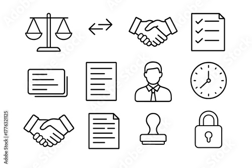 Iconic Negotiation Tools. Negotiation. Line icon set of Negotiation: scales, counteroffer arrows, handshake, concession list, BATNA card, terms