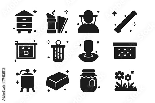 Beekeeping Icon Set. Beekeeping for organic farms. Solid icons set of Beekeeping for organic farms: beehive, bee smoker, beekeeper suit, hive tool, honeycomb