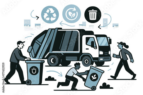 Glowing Garbage Collection. Street waste collection. A glowing garbage truck collecting sorted waste, abstract