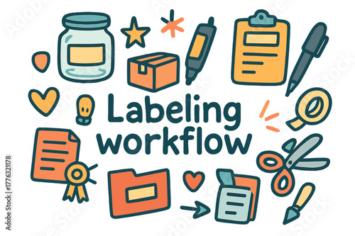 Colorful Labeling Doodles. Labeling workflow. Hand-drawn doodle illustration of labeling workflow. Jar, box,
