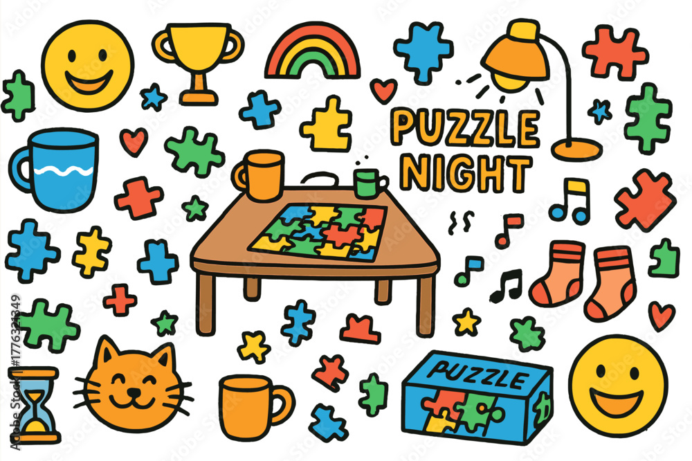 Fototapeta premium Colorful Puzzle Night. Puzzle night. Colorful Hand-drawn doodle Children illustration Puzzle night jigsaw pieces, table, lamp, mugs, laughing faces, cat,