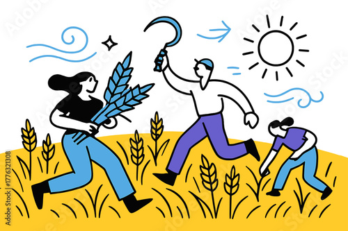 Dynamic Harvest Scene. Golden harvest. A wide wheat field with glowing stalks under a bright sky, floating