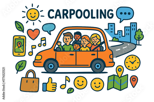 Colorful Carpool Doodle. Carpooling. Colorful Hand-drawn doodle Children illustration Carpooling car, people, map, chat bubble, sun, clock, heart, leaf, city