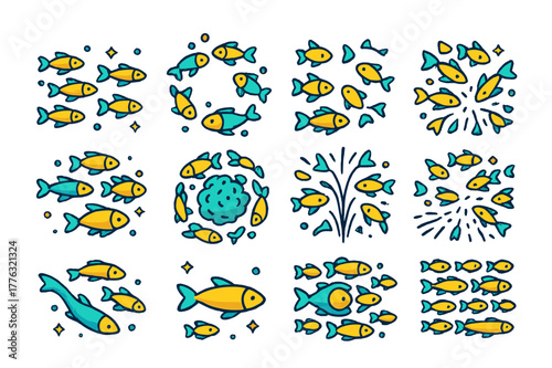 Colorful Schooling Formations. Schooling formations. Colorful isometric vector icons set of Schooling formations: polarized band, milling circle, split school,