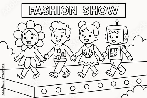 Kids Fashion Coloring. Fashion show children?s coloring book illustration, outlined drawing, happy kids