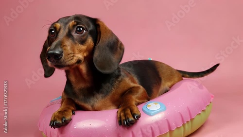 Humorous and Amusing Portrait of a Canine of a Specific Breed Enjoying the Summer Season While Contained Within an Inflatable Flotation Device Against a Colored