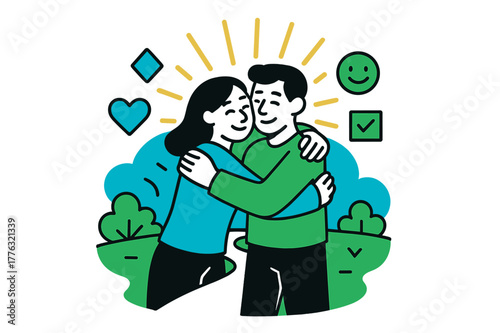 Joyful Friends Embrace. Warm connection. Friends embrace on a park path, abstract rays of light and floating