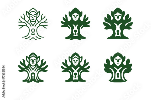 Forest Spirit Logos. A forest spirit guarding an ancient oak tree. Set Logo of a forest spirit guarding an ancient oak tree: keyhole in heartwood of oak. Icon