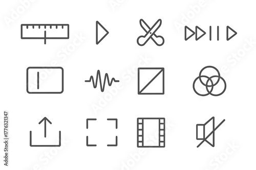 Video Editing Icons. Video Editing. Line icon set of Video Editing: timeline, playhead, scissors cut, playback controls, clip segment, sound wave, transition