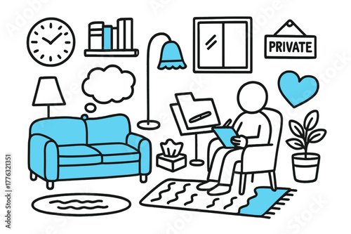 Therapist Session Doodle. // Therapist session. Hand-drawn doodle illustration Therapist session [sofa (accented), therapist notebook (accented), clock,