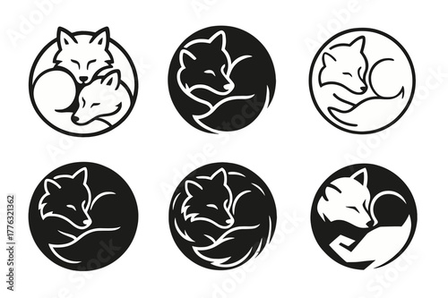 Wolf Pack Emblem. Animal sleep. Set Logo of pack rest: wolves curled together. Icon set. harmonious logo variations of the same emblematic concept, each with