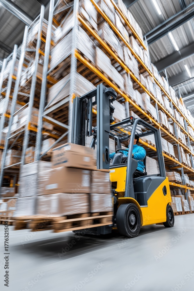 Naklejka premium Forklift transporting stacked cardboard boxes through a high-rack warehouse aisle, motion blur in modern industrial environment, concept of logistics and supply chain efficiency