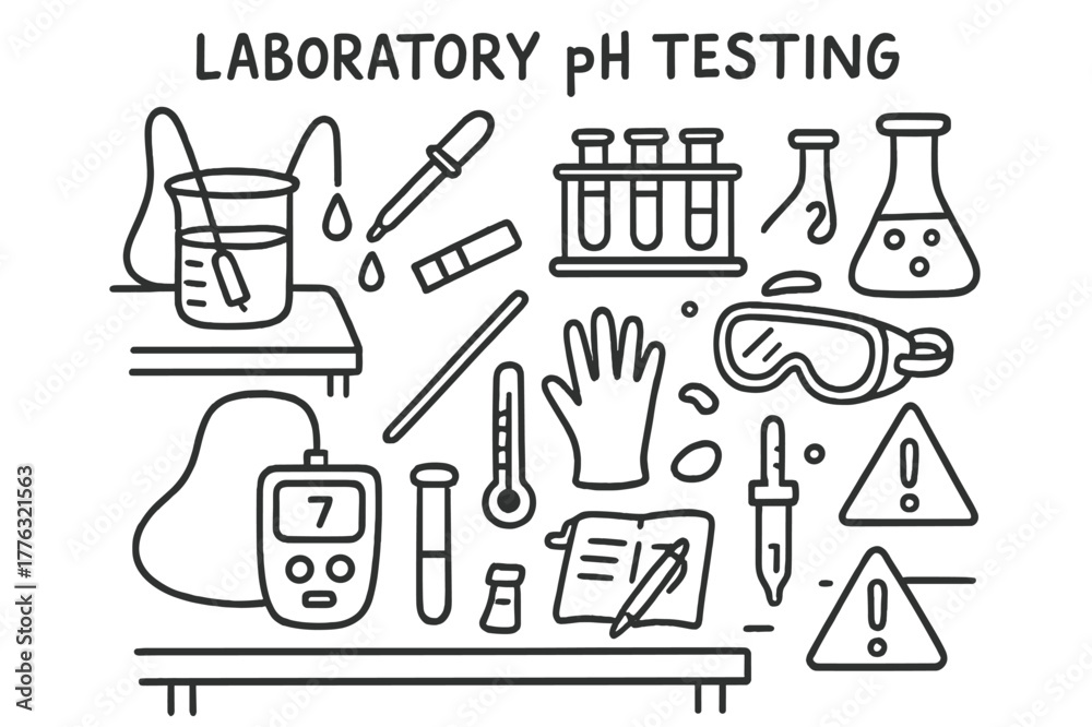 Obraz premium Laboratory Equipment Doodles. Laboratory pH testing. Hand-drawn doodle illustration Laboratory pH testing beaker, pipette, test tube rack, chemical flask, pH