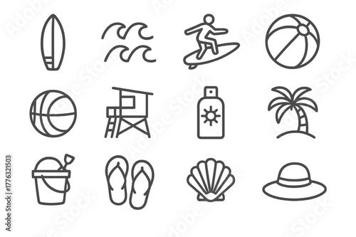 Beach Fun Icons. Outdoor beach fun. Line icon set of outdoor beach fun: surfboard, waves, surfer, beach ball, volleyball, lifeguard tower, sunscreen bottle,