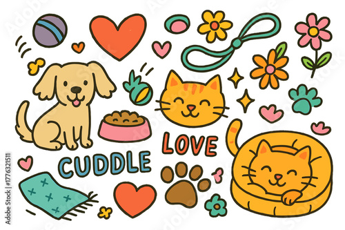 Colorful Pets and Love Icons. Pets and love. Colorful Hand-drawn doodle Children illustration Pets and love cat, dog, paw print, food bowl, heart, leash, toy