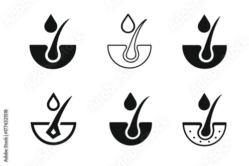 Hair Mask Logos. Hair treatment mask. Set Logo of hair treatment mask: scalp care symbol with drop. Icon set. harmonious logo variations of the same emblematic
