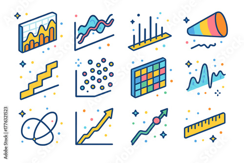 Colorful Isometric Analysis Icons. Time series analysis. Colorful isometric vector icons set of Time series analysis: seasonal decomposition chart, rolling