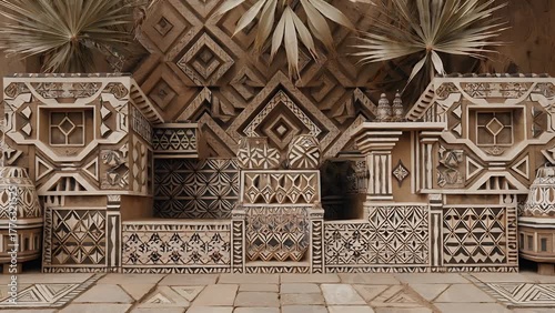 Continuous Motif of Stylized Geometric Forms Inspired by the Artistic Traditions of Indigenous Peoples from Arid Regions  Featuring Earth-Toned