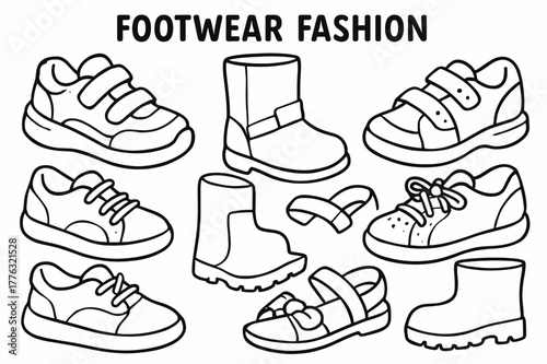 Kids' Shoe Coloring. Footwear fashion children?s coloring book illustration, outlined drawing, cheerful