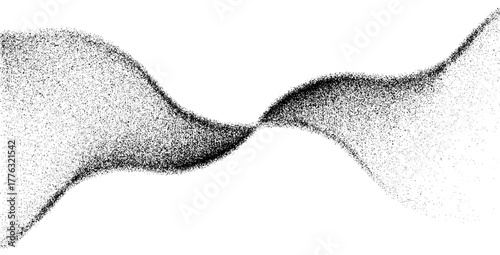 Grainy particle wave flow, abstract halftone vector illustration in black and white. background.