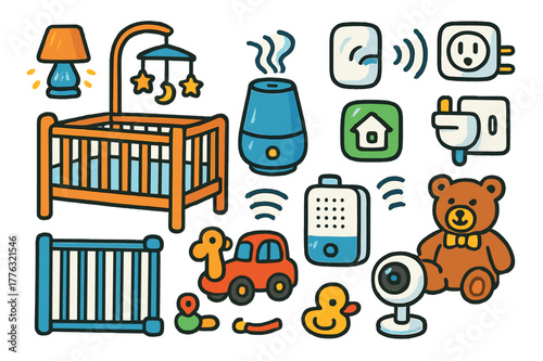 Smart Nursery Icons. Smart nursery setup. Colorful Hand-drawn doodle Children illustration Smart nursery setup crib, night lamp, smart speaker, humidifier, air