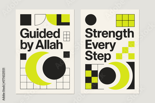 Guided Strength Banners. Guided Power. Two vertical A6 banners with safe margins, centered composition, no elements touching edges, bauhaus, charcoal and neon