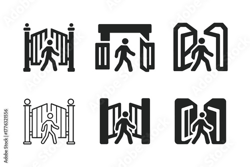 Checkpoint Emblems Grid. deportation policies. Set Logo of deportation policies: open border checkpoint gate. Icon set. harmonious logo variations of the same