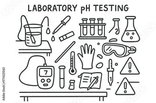 Laboratory Equipment Doodles. Laboratory pH testing. Hand-drawn doodle illustration Laboratory pH testing beaker, pipette, test tube rack, chemical flask, pH
