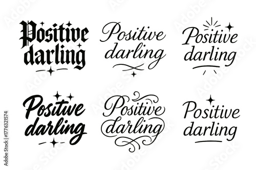 Calligraphy Styles Grid. Positive darling. Create a calligraphy lettering illustration of the phrase: Positive