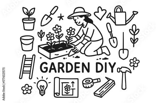 Garden DIY Doodles. Garden DIY. Hand-drawn doodle illustration of garden DIY. In the middle, one slightly