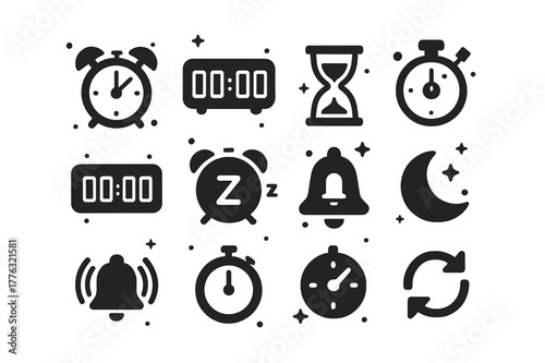 Alarms Icon Set. Alarms and Timers. Solid icons set of Alarms and Timers: analog alarm clock, digital clock, hourglass, stopwatch, countdown digits, snooze