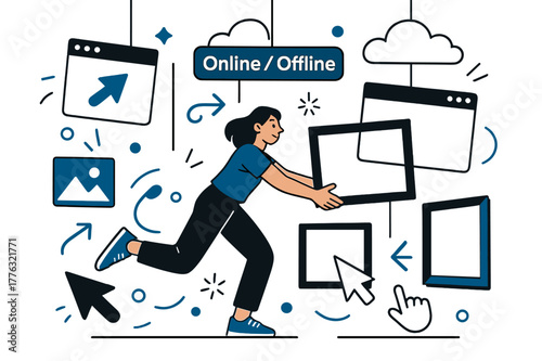 Digital Art Ballet. Post-Internet / net art. Windows, tabs, and cursors float like mobiles; ?Online / Offline? hangs between two clouds. A viewer drags a