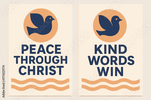 Peaceful Indigo Banners. Peace of Christ. Two vertical A6 banners with safe margins, centered composition, no elements touching edges, geometric, indigo and