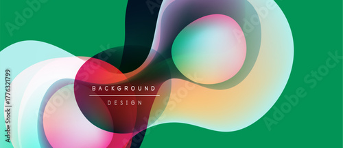 Abstract fluid shapes overlap, creating vibrant color gradients. Green background enhances dynamic design elements. Modern aesthetic.