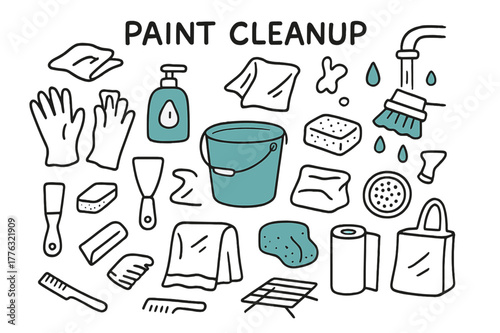 Paint Cleanup Essentials. Paint cleanup. Hand-drawn doodle illustration paint cleanup [bucket (accented), rag, soap bottle (accented), brush under faucet