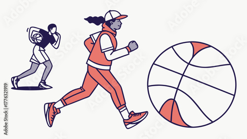 Dynamic vector illustration of basketball players training, perfect for sports campaigns or athletic apparel designs offering a modern and energetic aesthetic