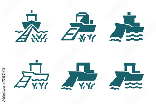 Algal Bloom Logo Variations. Algal bloom control. Icon set. Set Logo of algal bloom control: algae skimmer boat. harmonious logo variations of the same