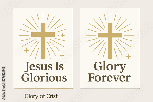 Radiant Cross Banners. Glory of Christ. Two vertical A6 banners with safe margins, centered composition, no elements touching edges, flat vector design, white