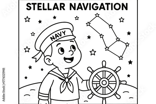 Sailor's Sky Adventure. Stellar navigation children?s coloring book illustration, outlined drawing, a smiling sailor character looking up at the night sky with